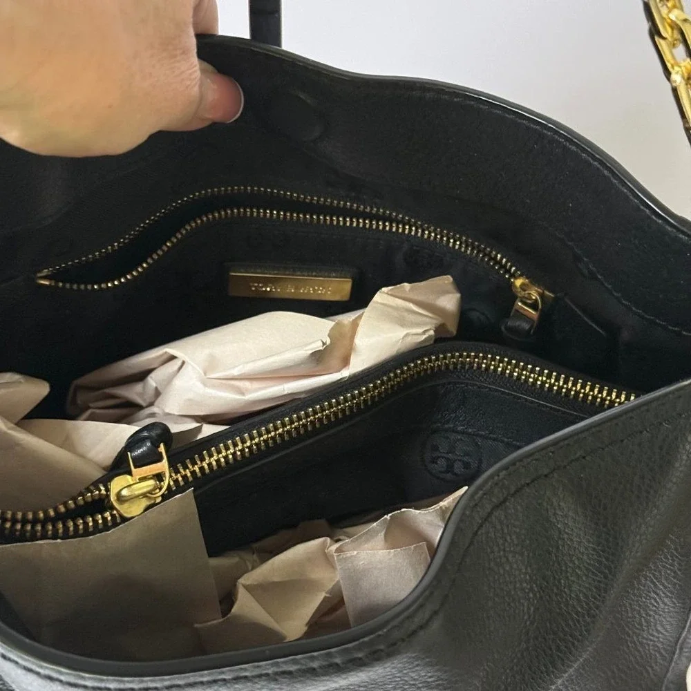 Tory Burch Britten Black Pebbled Leather Chain Tote Shoulder Bag Gold Hardware